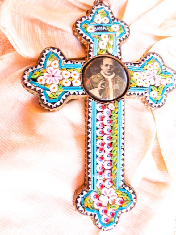 Italian Antique Micro Mosaic Cross Pope Pius XI in the