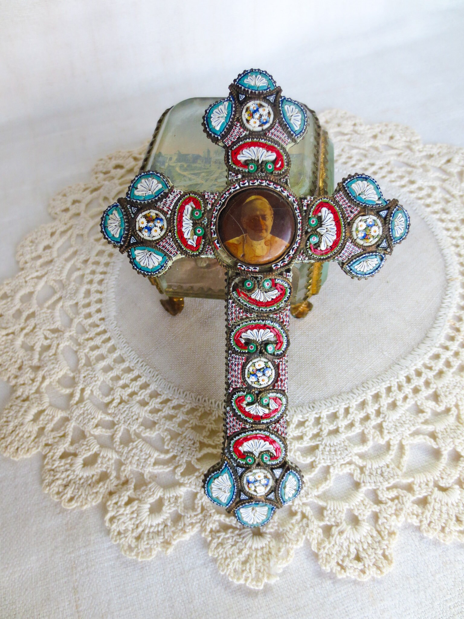 イタリア製 希少アンティーククロス モザイクガラス ピウス11世