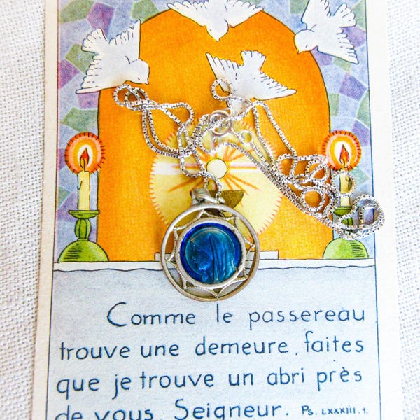 Collana con medaglia in smalto blu Lourdes: ciondolo Bernadette in argento sterling antico