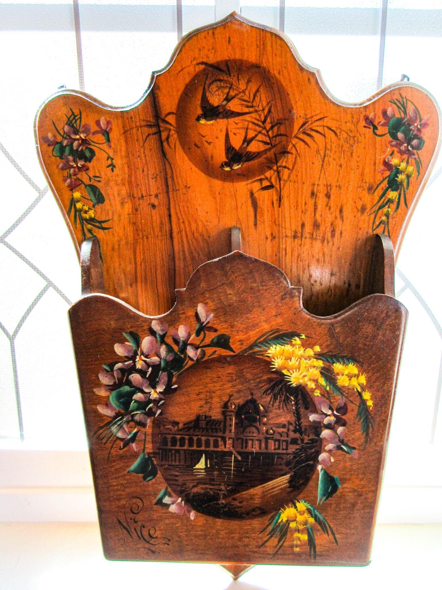 French Olivewood Souvenir of Nice Paper Organizer, Wall Hanging Rack, Swallows with Violets, Symbols of Memory, Rings for Hanging,