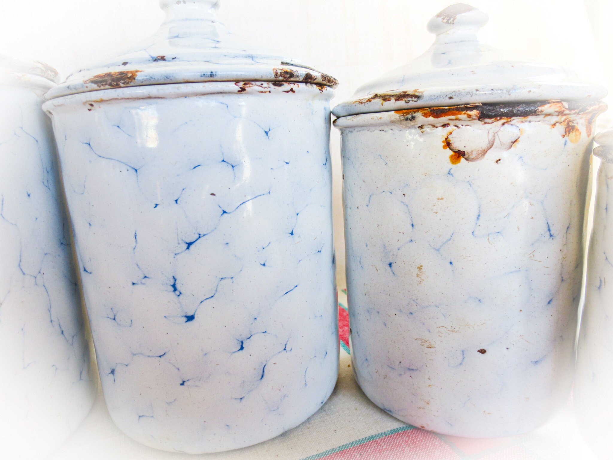 French Antique Enamel Canister Set: Chicken Wire Pattern, Blue