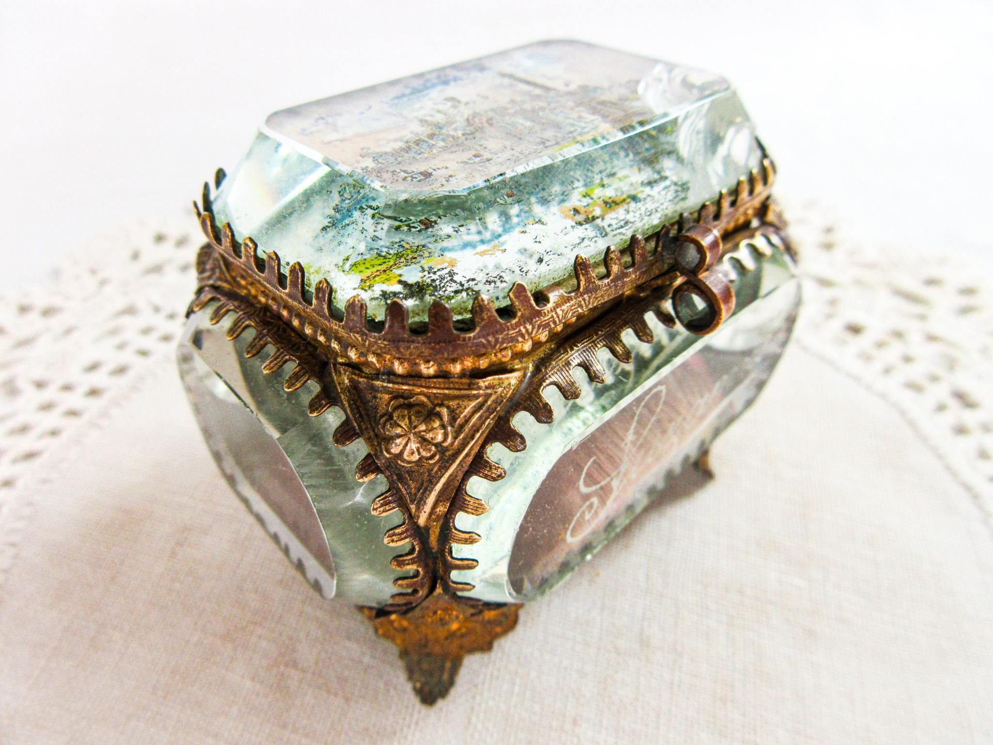 Paris Casket Jewelrytrinket Box- Gold Ormolu, Beveled Glass