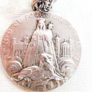 N. D. de Fourviere, Lyon Silverplate Pendant, Thick Rope Chain, French Religious Antique Necklace, Our Lady of Lyon, France