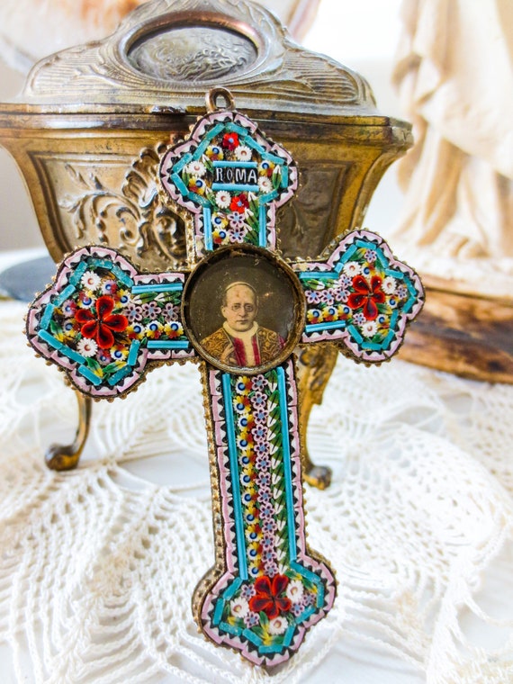 イタリア製　希少アンティーククロス　モザイクガラス　ピオ11世 Italian Antique Micro Mosaic Cross, Pope Pius XI in the