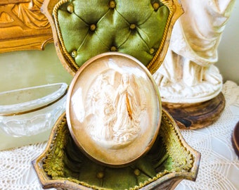 Meerschaum Reliquary -French Antique Meerschaum Carving, Domed Glass Reliquary, St Bernadette with N.D. de Lourdes  - Virgin Mary