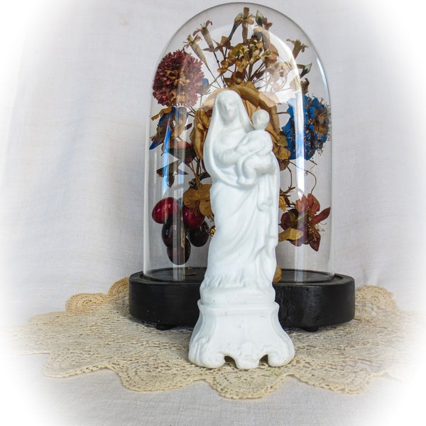 French Antique Bisque Porcelain Statue of Mary and Baby Jesus, Very Delicate Porcelain