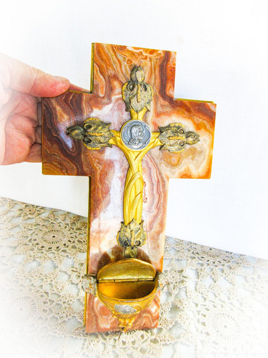 French Antique Marble Wall Cross and Benitier, Art Nouveau, Holy Water ...