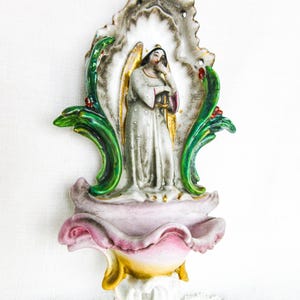 Large French Antique Benitier, Holy Water Font, Stoup, Porceain, Hand Painted, Wall Hanging, French Religious