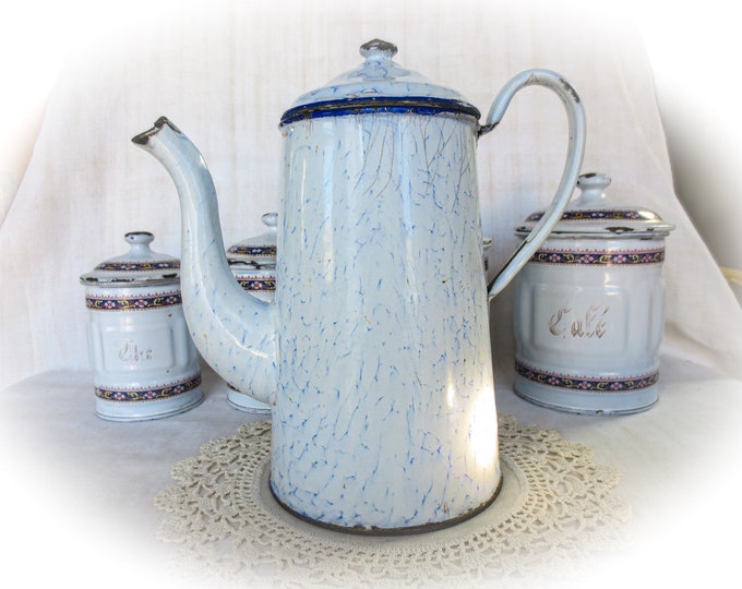 French Chicken Wire Enamelware Coffee Pot, Graniteware or Enamel Ware