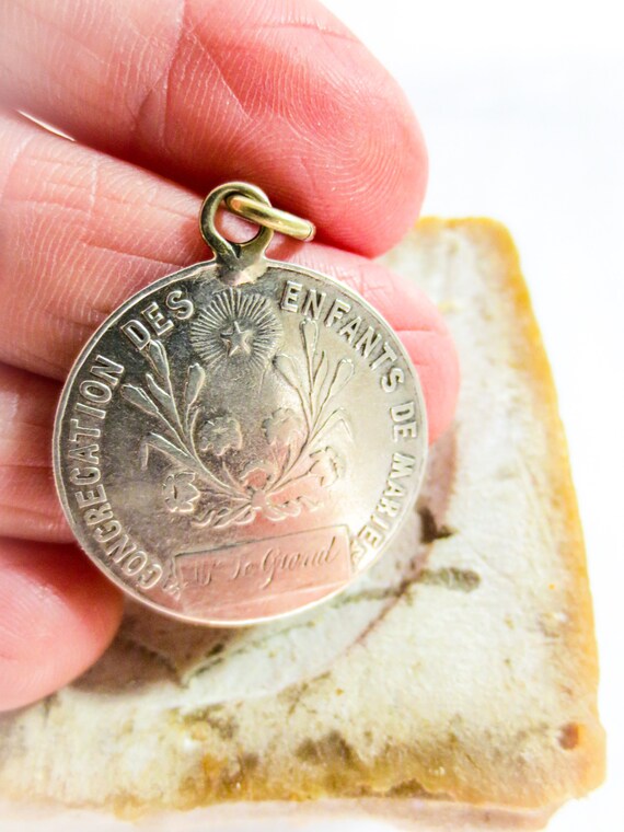 French Antique Religious Sterling Silver Pendant Necklace: Ave Maria