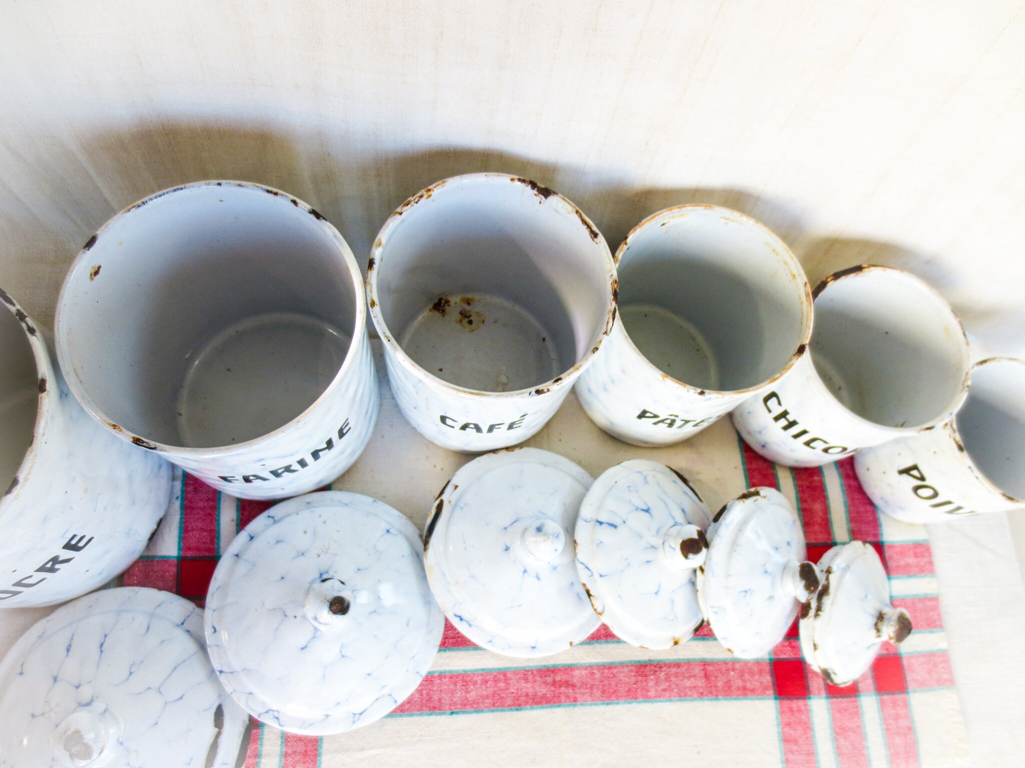 French Antique Enamel Canister Set: Chicken Wire Pattern, Blue