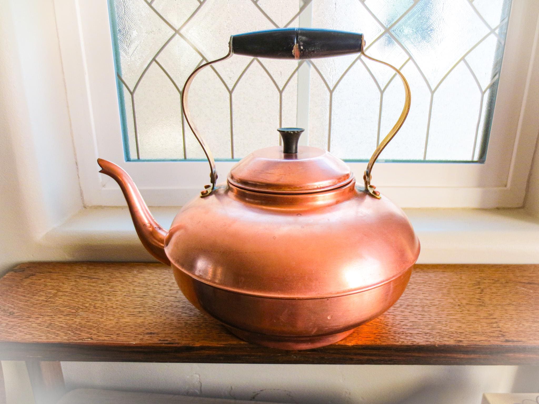 Antique Copper Tea Kettle, Bakelite Handle, Marked Pure Copper