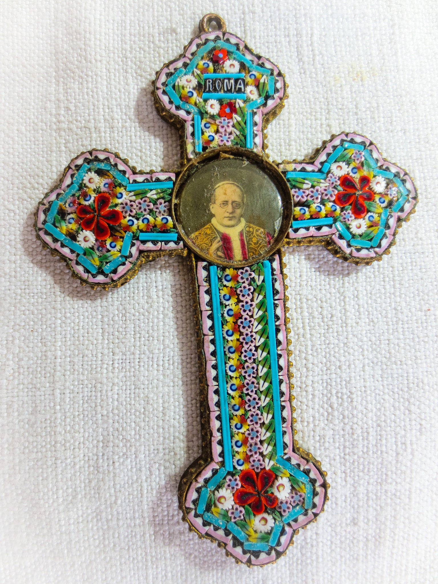 Italian Antique Micro Mosaic Cross, Pope Pius XI in the