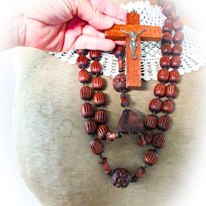 French Antique Wooden Bead Rosary, Wearing Rosary, Nun&#39;s Rosary, Monk Rosary,  Souvenir of Paray le Monial, Waist Rosary, Belt Rosary