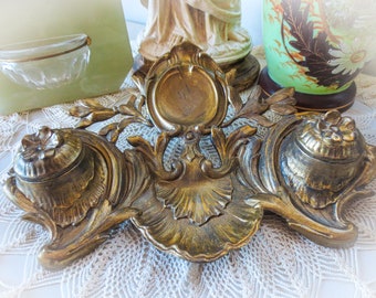French Antique Bronze Inkwell, Art Nouveau, Desk Accessory, for Decor