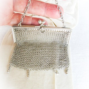 Französische VTG Sterling Silber Kette Post Geldbörse, Sterling Silber Chatelaine Mesh Geldbörse, Miniatur Geldbörse, Fingerspitze Handle.800 Sterling