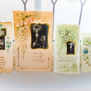 Lot de 4 anciens Français en celluloïd, vélin, cartes saintes, cartes de prière, décorations à la main, cadeaux pour un être cher, cadeaux religieux