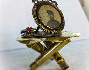 Collection of Trench Art, Bullet Stand, Picture Frame, 3 recruitment medals