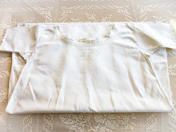 French Linen  Nightshirt Gown, Antique Night Shir… - image 15