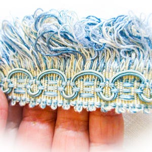 French Antique Passementerie Trim: Blue & Cream Woven Lace, 3.5 Yards