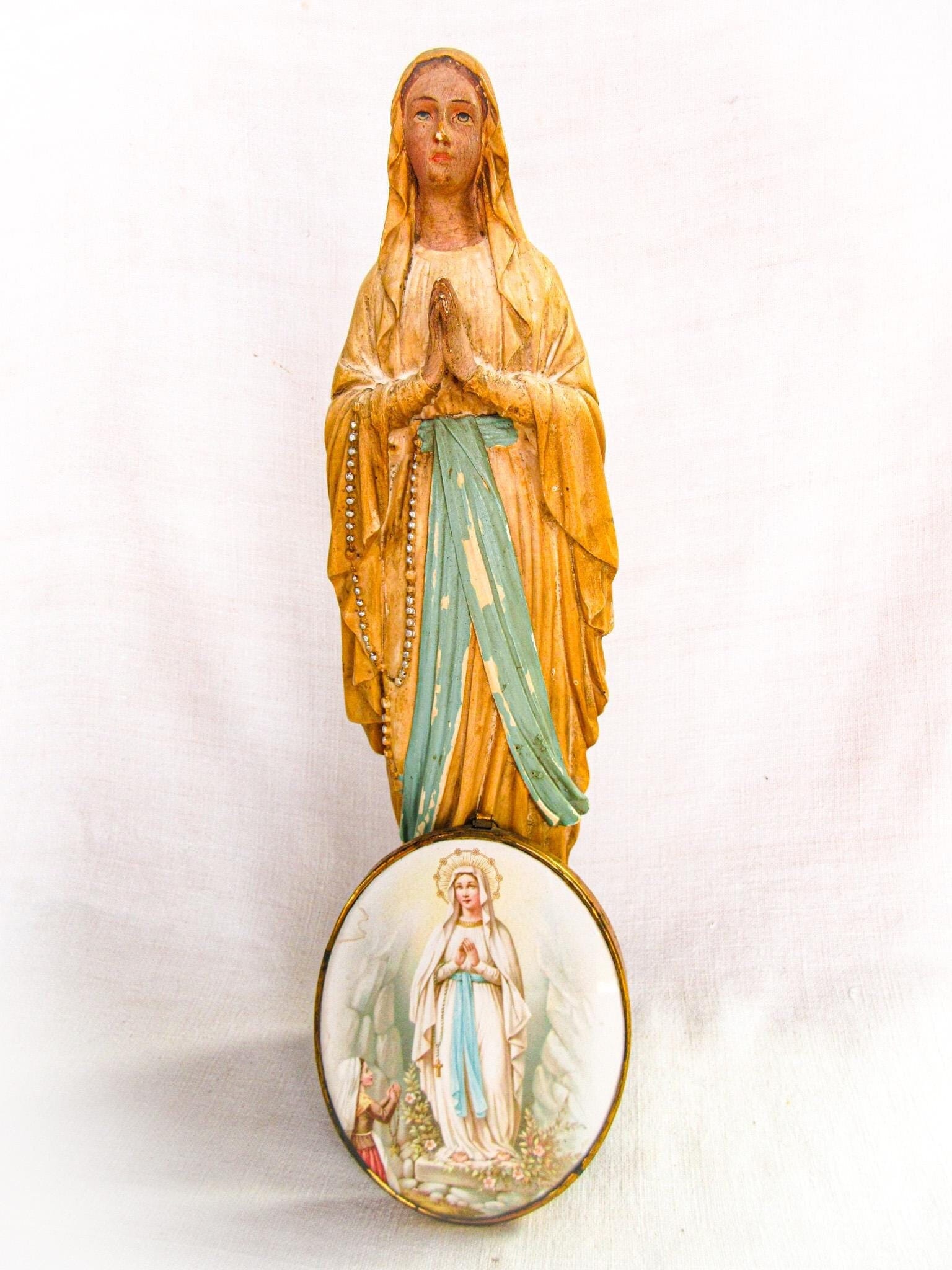 French Antique Lourdes Glass Souvenir Reliquary, Virgin Mary, Bernadette, Prayer Icon
