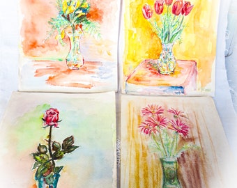 Lot of 4 Artist Watercolors, Flowers in Vase, Acquired in Krakow,from the 1980s, Original Artwork, Four Watercolors of Flowers, Signed