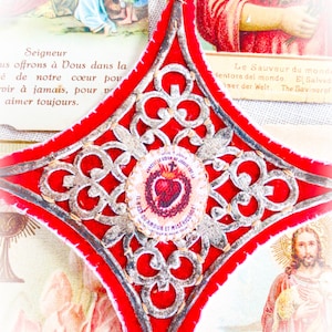 Trabajo relicario de monja religiosa vintage francesa - Tela Ex Voto- Todo hecho a mano, protector de cuna