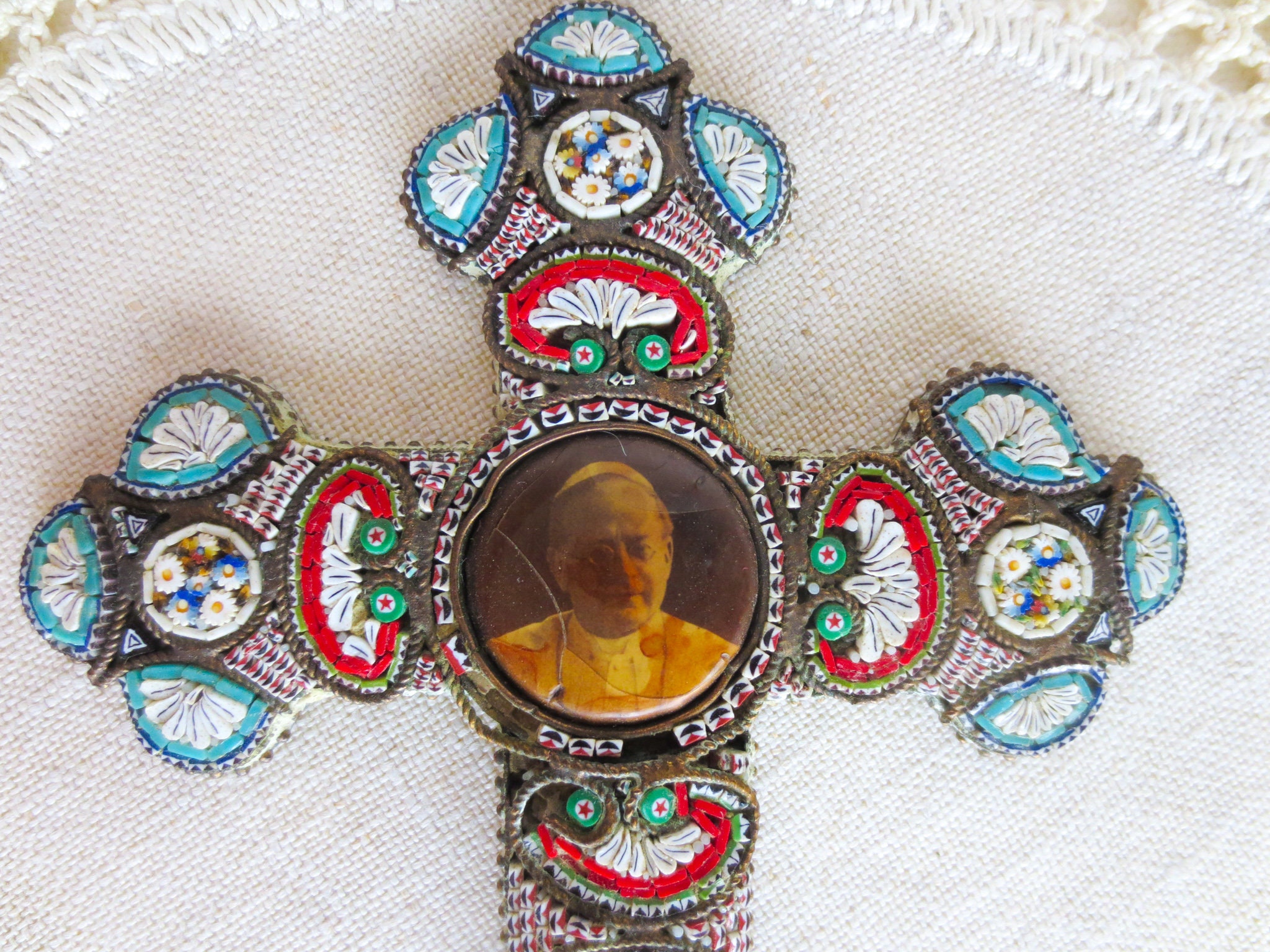Antique Micro Mosaic Cross: Pope Pius XI, Italian Religious Decor