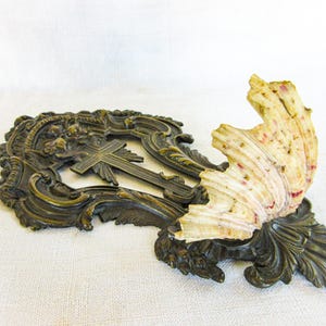 Large Shell Font French Antique Benitier, Holy Water Font, Stoup, Bronze Cross, Cherubs, Wall Hanging, French Religious