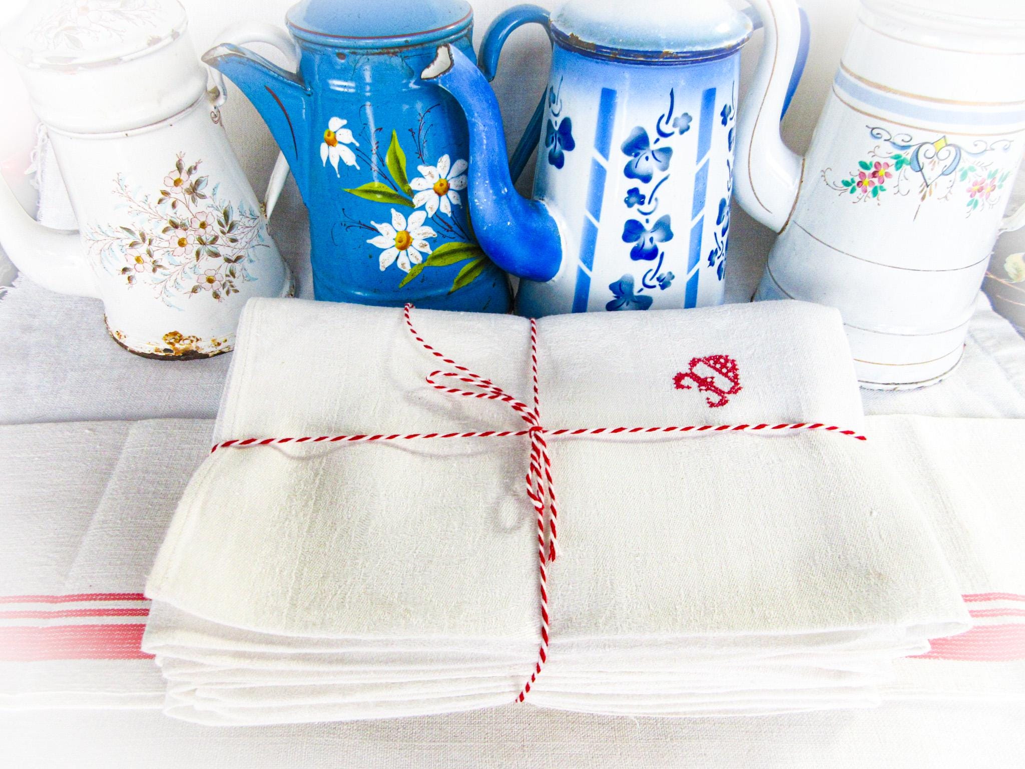 アンティークフレンチダマスクリネンハンドタオル - 6枚セット