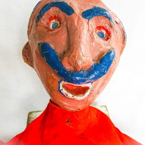 Guignol Style Antique Puppet, Village Idiot, Hand Puppet, Paper Mache, Red Robe, Papier Mache, Travelling Puppet Troupe, As Is,
