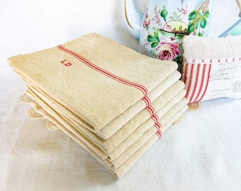 Antique French Linen Hand Towels: Set of 6, Red Stripe, Monogrammed