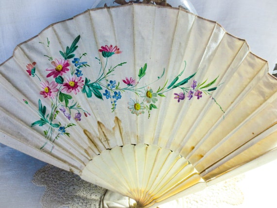 Victorian Silk Hand Fan, Hand Painted, Elegant An… - image 3