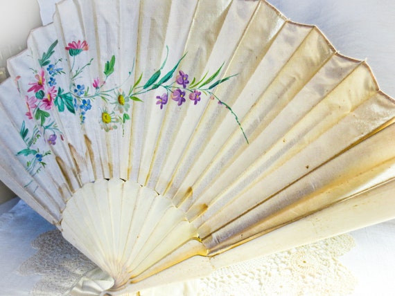 Victorian Silk Hand Fan, Hand Painted, Elegant An… - image 4