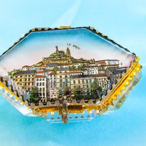French Antique Casket Jewelry Box: Le Puy Cathedral Lithograph, Beveled Glass