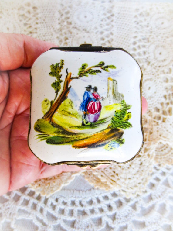 Porcelain Pill Box, Hand Painted, French Antique,… - image 1