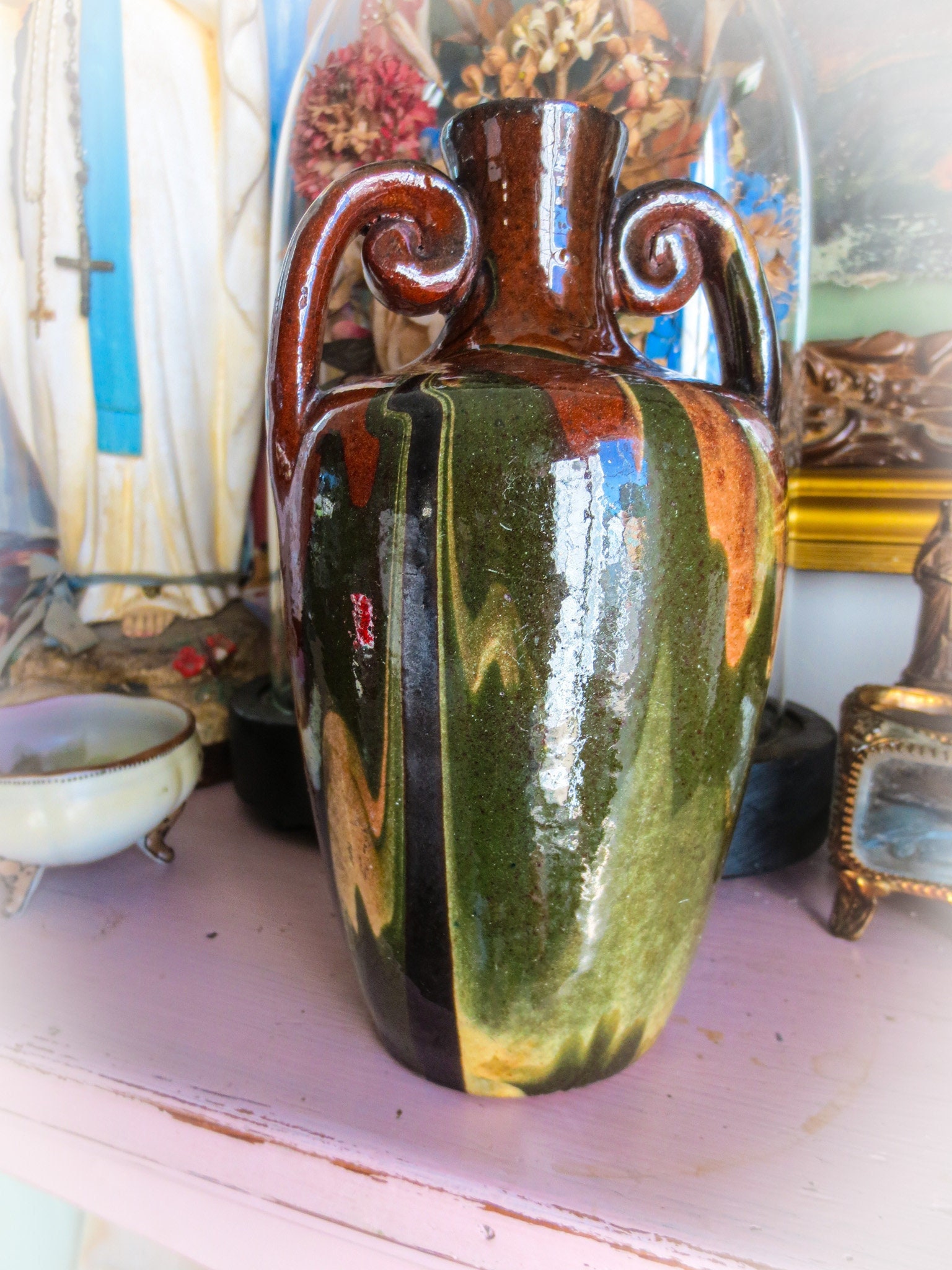 French Antique Savoie (Savoyard) Pitcher - Mixed Clay, Jaspe' French Antique, Swirl Pattern, Blue, Brown, White