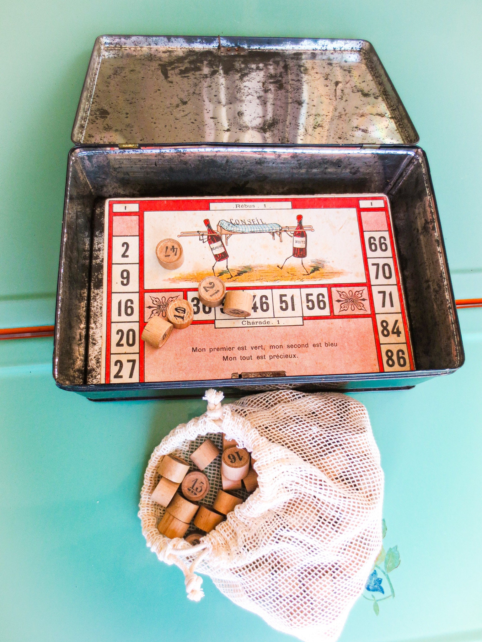 Buy French Antique Loto Game: Bingo Cards, Wooden Numbers, Tin Box