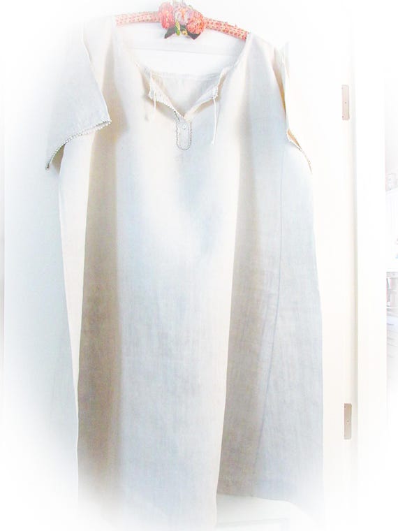 French Linen  Nightshirt Gown, Antique Night Shir… - image 2