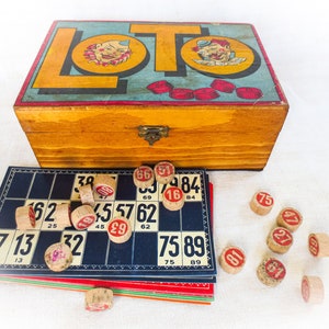 Juego de lotería francés antiguo: caja original, cartas de lotería y números