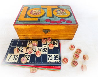 French Antique Loto Game - Original Box, Loto Cards and Numbers