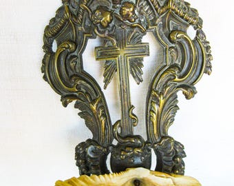 アンティーク　フランス　19世紀初期　ケルビム　ベニティエ　教会装飾 アンティークのフランスの聖水盤：ベネティエ貝の聖杯、ブロンズの