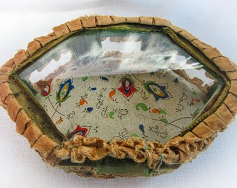 Antique French Glass Casket: Green Silk & Padded Interior