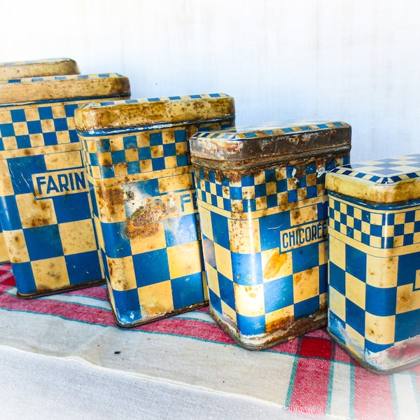 French Antique Canisters, Set of 5, Blue and Beige, Lustucru Pattern, As Is