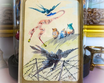 WWI Trench Art Cartoon: 1917 Signed Watercolor in Beveled Glass Frame