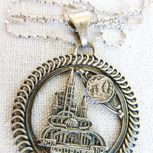 Large Vintage Lourdes Pilgrimage Medal on Sterling Silver Chain- Cross - N.D. de Lourdes, Souvenir of Pilgrimage Prayer Necklace