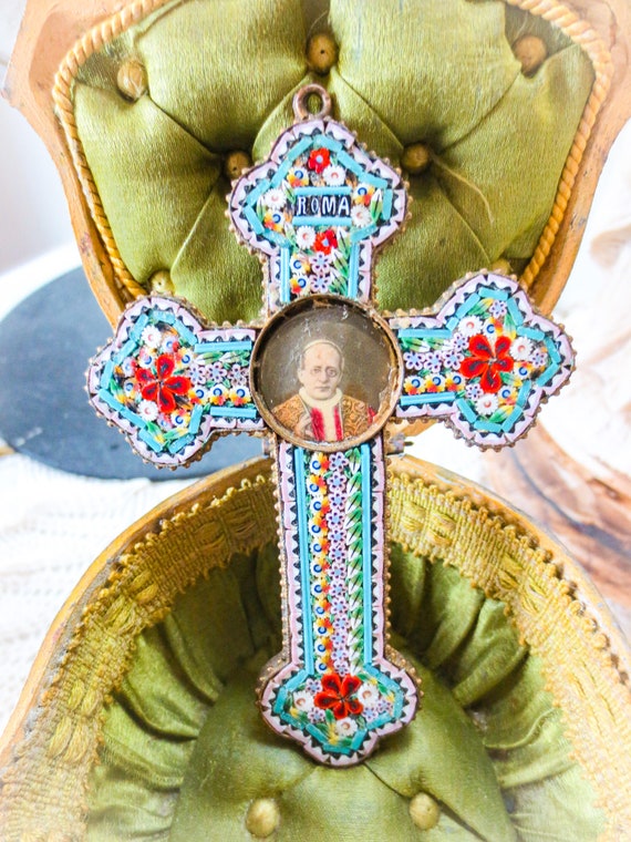 Italian Antique Micro Mosaic Cross, Pope Pius XI in the