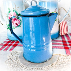 French Country Antique Enamelware Coffee Pot, Graniteware or Enamel Ware Coffee Pot, Sky Blue with Black Trim