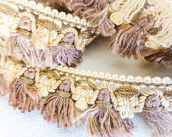 French Antique Passementerie Trim: Tan Cream Woven Lace with Silk Tassels