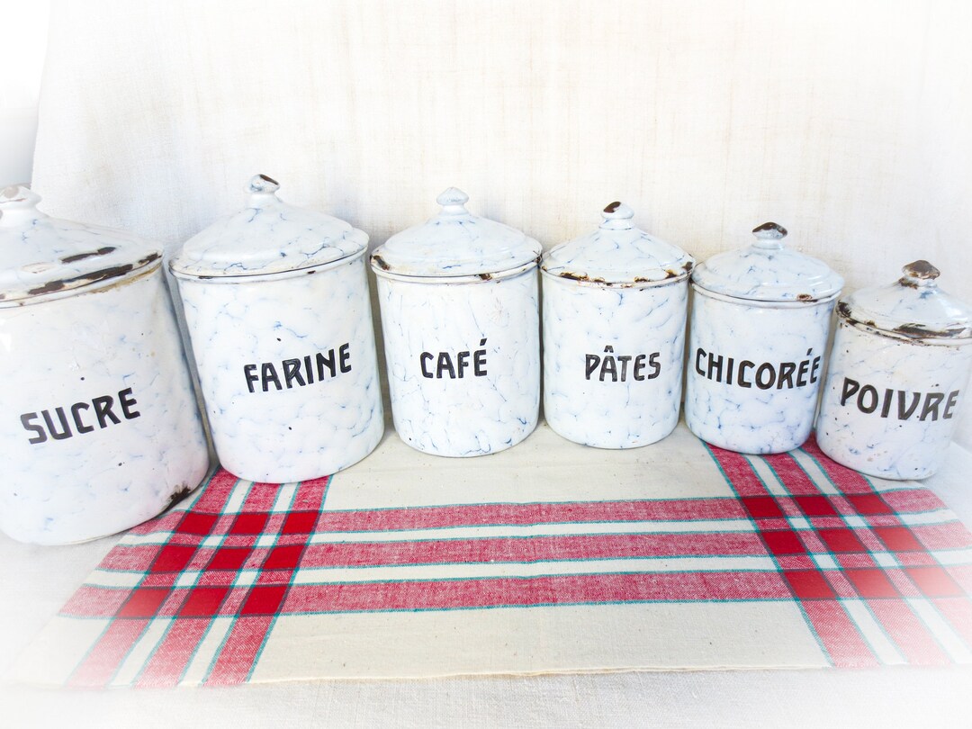 French Vintage Canister Set Chicken Wire Pattern, White and Blue